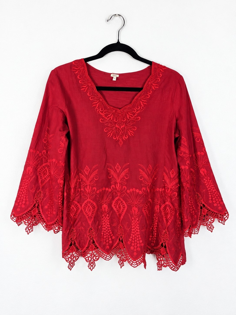 Reba S Red Embroidered Cotton Tunic Blouse Boho Romantic Lace Bell Sleeve